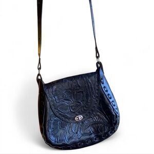 Hand Tooled Leather Black Crossbody Bag